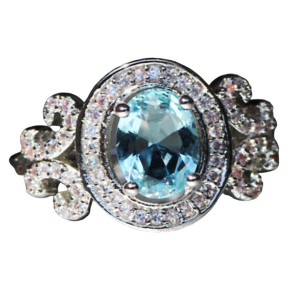 Cocktail Ring Sterling Silver 925 Sz 8 Simulated Topaz Diamonds Light Blue Luxe - Picture 4 of 10